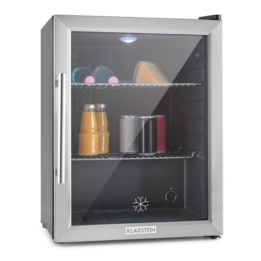 Klarstein Getränkekühlschrank 60L klein mit Glastür, Leiser Mini Fridge Silber